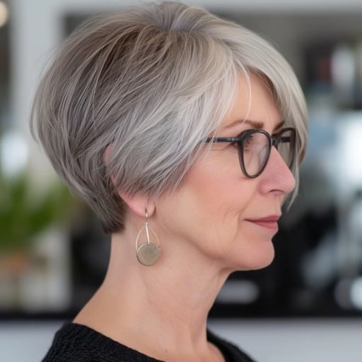 How can I style my short grey hair to look chic with glasses?